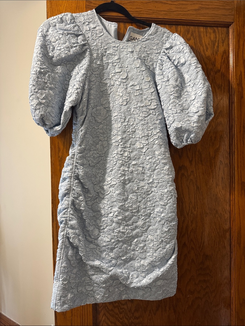 Ganni Pale Blue Floral-Textured Puff Sleeve Dress